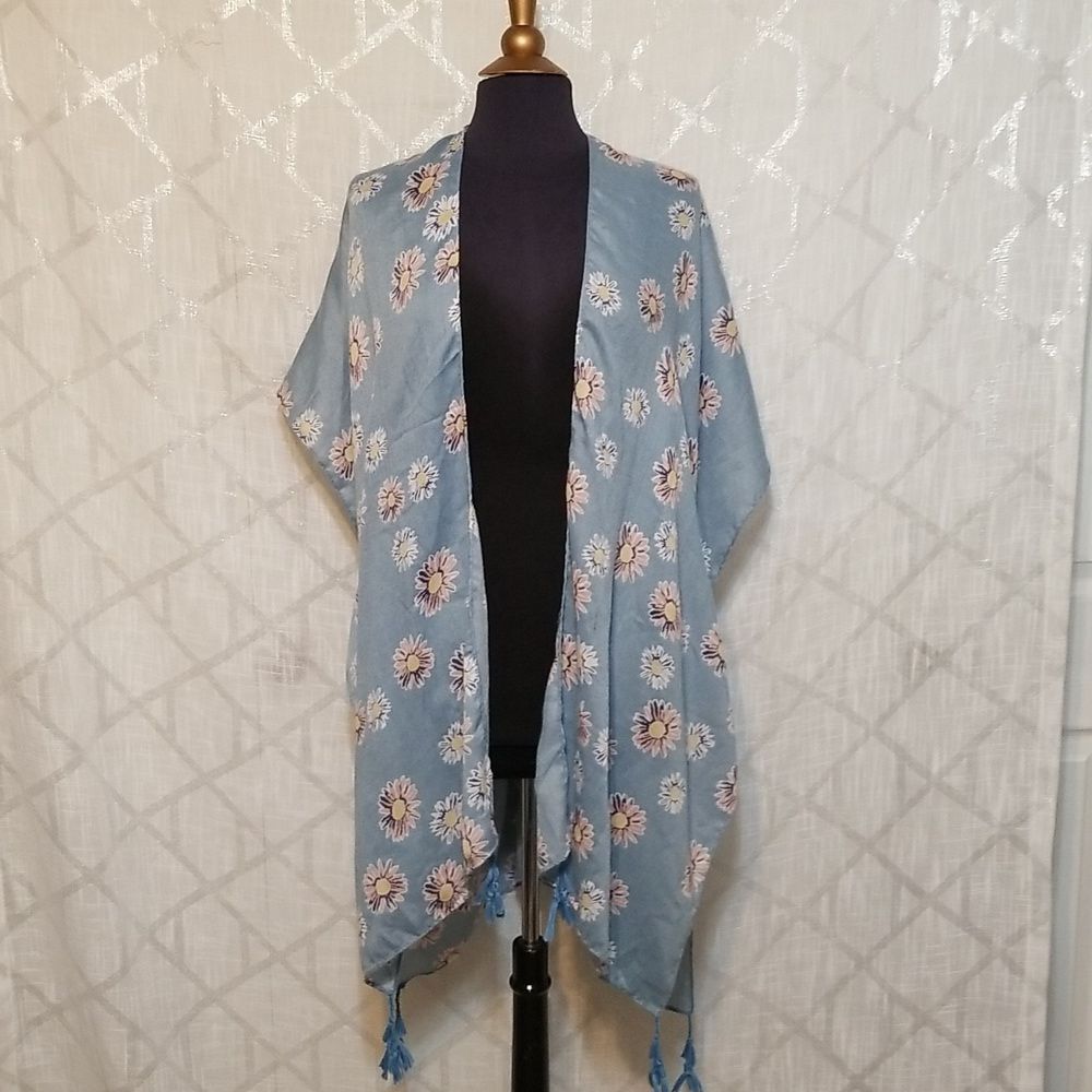 Anthropologie Cardigan Do Everything In Love OS Blue Yellow Tassel Kimono Floral